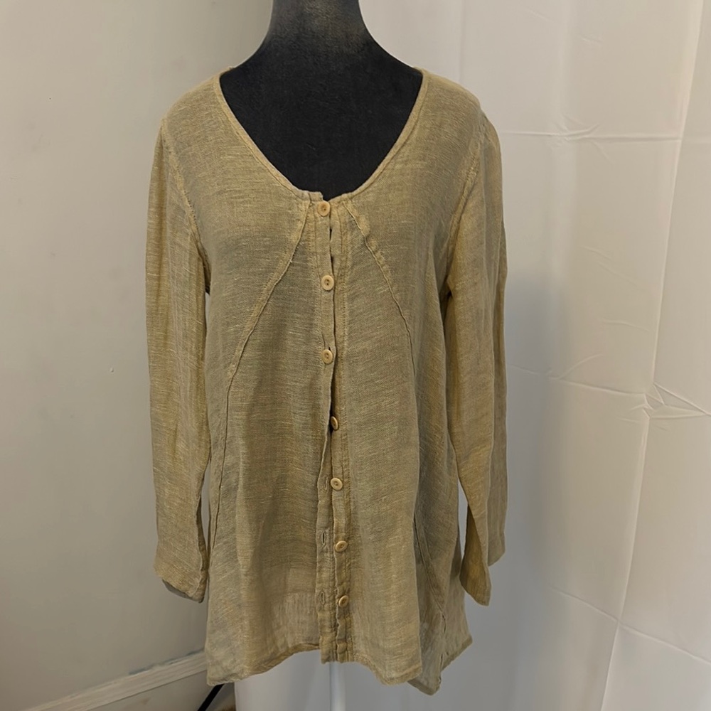 Flax Long Sleeve Button-Down Linen Top in Light Khaki